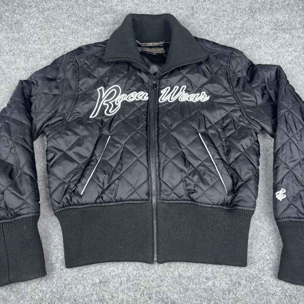 Roca Wear Quilted Bomber Jacket Mens Large Black Full Zip Ribbed Y2K Hip Hop